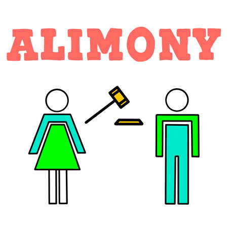 A divorced couple with man and woman silhouettes separated and divided. Family problem  of husband and wife, break up and alimony issue. Vector lettering illustration eps10.のイラスト素材