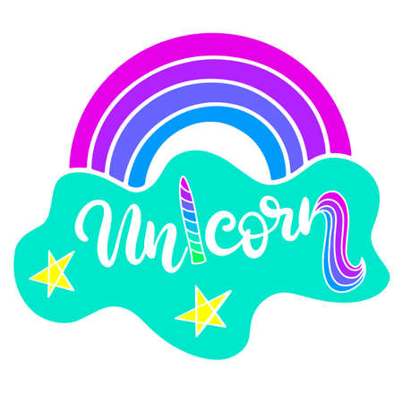 Unicorn lettering vector illustration in rainbow colors, flat style. Baby clothes design. Cute nursery decoration. Fantastic animals from fairy tales for children. EPS10のイラスト素材