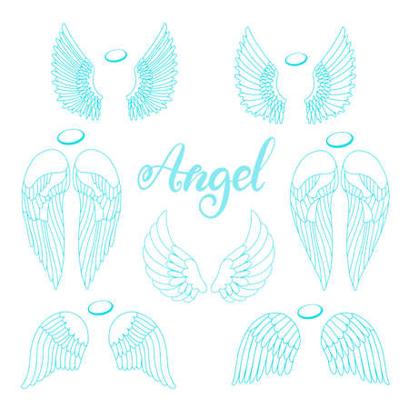 Angel wings icon set with hand lettering word angel. Religious calligraphic text and symbol of Christianity. Vector iilustration in cartoon style for logo. Eps10のイラスト素材