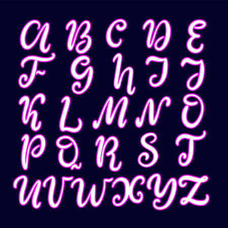 Alphabet. Hand drawn typeface, lettering script font. Letters handwritten in modern calligraphy style for design, poster, print in blue and pink color with neon effect. Vector illustration EPS10.のイラスト素材