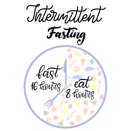 Intermittent Fasting inscription with icon of clock like plate with knife and fork. Weight loss and healthy eating theme banner. Handwritten lettering in modern calligraphy and flat style. Vector Illustration EPS10のイラスト素材