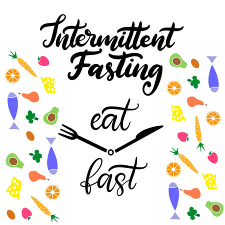 Intermittent Fasting inscription with icon of clock like plate with knife and fork. Weight loss and healthy eating theme banner. Handwritten lettering in modern calligraphy and flat style. Vector Illustration EPS10のイラスト素材