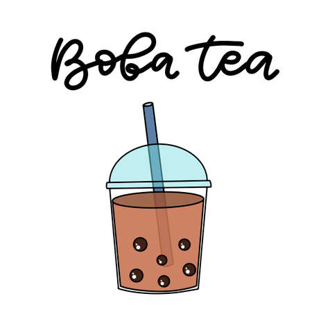 Bubble pearl milk tea. Boba refreshing mixed beverage. Vector illustration with hand lettering for catering advertisement, menu template, poster in coffee shop.のイラスト素材