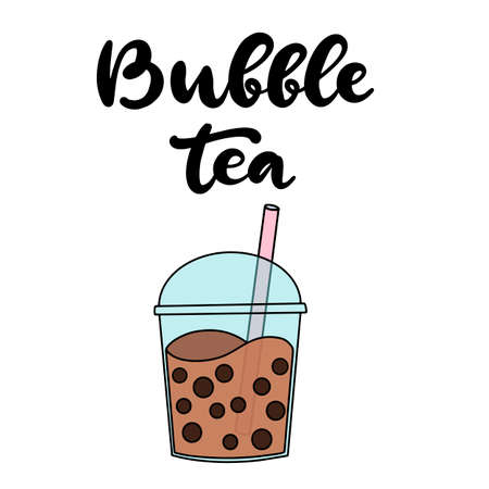 Bubble pearl milk tea. Boba refreshing mixed beverage. Vector illustration with hand lettering for catering advertisement, menu template, poster in coffee shop.のイラスト素材