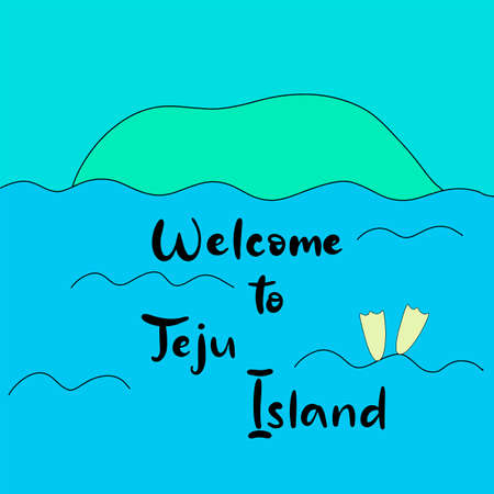 Jeju Korean island vector illustration. Travel to South korea. Welcome to Jeju in Korean language. Vacation in Asia. Flat abstract map. Aunt divers in the sea.のイラスト素材