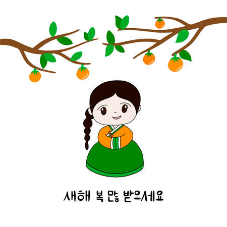 Happy new year in Korean language. Lettering Vector illustration. Girl in traditional clothes hanbok. Asian culture.のイラスト素材