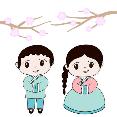 Happy new year in Korean language. Lettering Vector illustration. Kids in traditional clothes hanbok. Asian culture.のイラスト素材