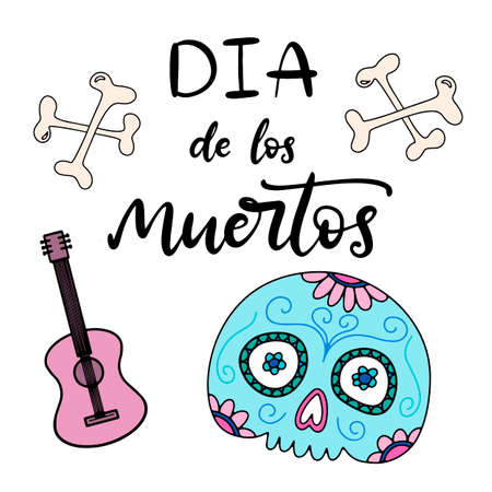 Dia de los moertos lettering with sugar skull. Day of the dead traditional Mexican holiday banner, poster, party invitation flyer, greeting card. Vector illustration eps10のイラスト素材