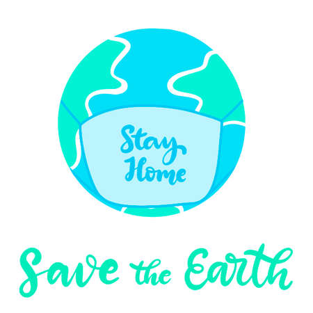 Banner with stay home, safe lettering for concept design. Save the planet typography vector illustration. Pandemic risk, quarantine. Stop coronavirus outbreak. Corona virus prevention poster.のイラスト素材
