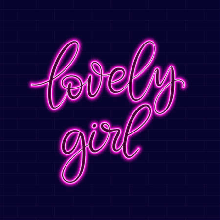 Neon sign with lettering on dark background vector illustration.   design template. Light banner, glowing neon signboard for advertising.のイラスト素材