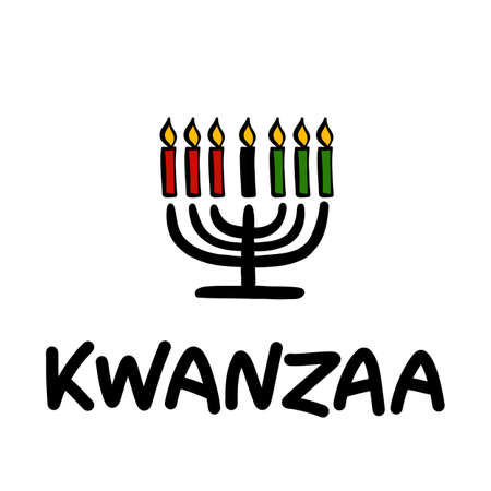 Happy Kwanzaa handwritten text for traditional african american ethnic holiday vector illustration. Concept design for greeting card with kinara and burning black, red, green colored candles.のイラスト素材