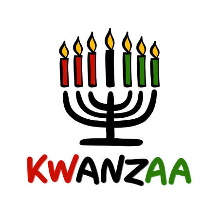 Happy Kwanzaa handwritten text for traditional african american ethnic holiday vector illustration. Concept design for greeting card with kinara and burning black, red, green colored candles.のイラスト素材