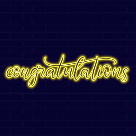 Neon sign with lettering on dark background vector illustration. Logo design template. Light banner, glowing neon signboard for advertising.のイラスト素材