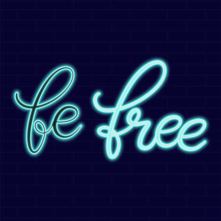 Neon sign with lettering on dark background vector illustration. Logo design template. Light banner, glowing neon signboard for advertising.のイラスト素材