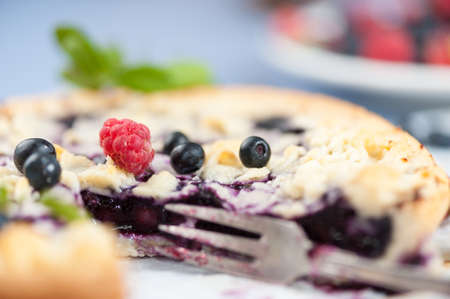 A blueberry cake, with fresh blueberries and a raspberry on its top  close upの写真素材