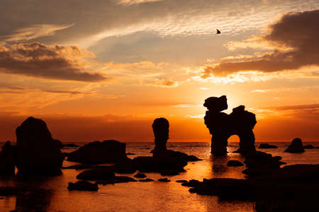 The famous limestone rocks at the coast of the swedish island Faroe in the Baltic Sea. The rock looks like a camel and is known asの写真素材