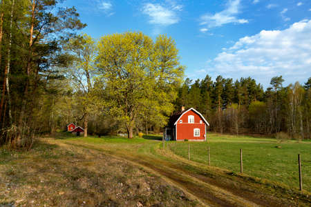 Typical red wooden cottage in Sweden in spring. Smaland, south-east Sweden.の写真素材