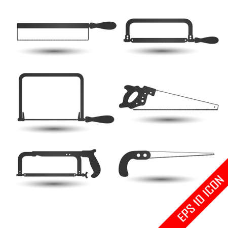 Handsaw icon. Set of silhouettes carpentry tools for sawing wood products. One-handed saws. Simple flat logo of handsaws. Vector illustration.のイラスト素材