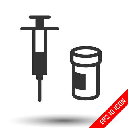 Syringe icon. Simple flat logo of syringe and a drug on white background. Vector illustration.のイラスト素材
