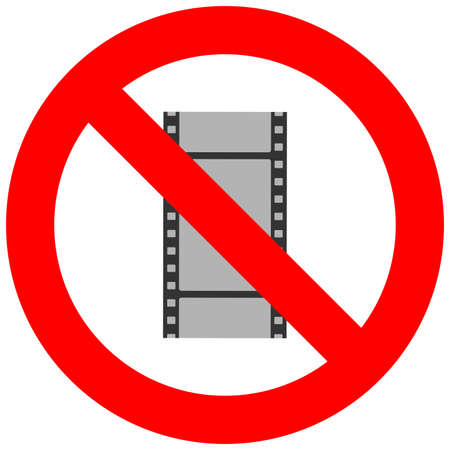 Prohibition sign with film frame abstract icon isolated on white background. Watching movie is forbidden vector illustration. Film not allowed image. Movies and films are banned.のイラスト素材