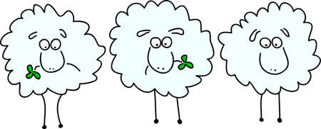 three animated sheep chewing on clover leafのイラスト素材