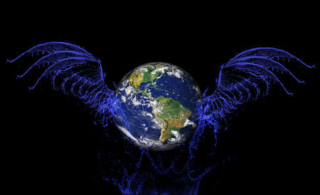 the earth flying with water wingsの写真素材