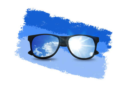 black sunglasses with blue sky reflectionの写真素材