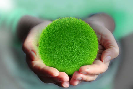 hands keep a ball from green grassの写真素材