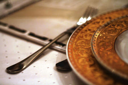 Dinner plates with golden drawings and a silver fork