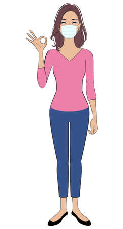 A woman with brown skin wearing face mask  showing ok signのイラスト素材