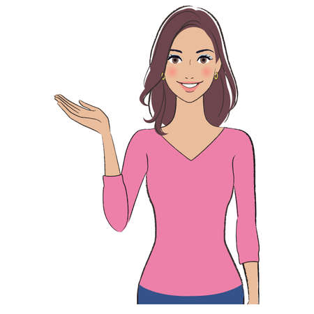 A beautiful woman with brown skin smiling and introducingのイラスト素材