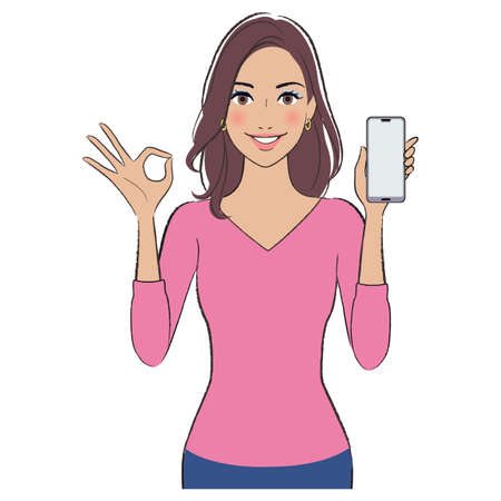 A beautiful woman with brown skin showing the moniter of smart phoneのイラスト素材