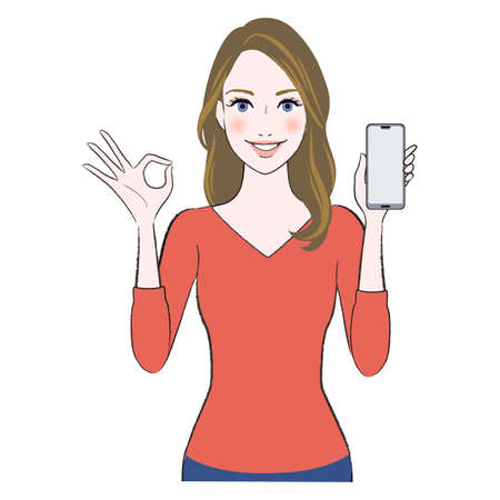 A illustration of woman showing the moniter of smart phoneのイラスト素材