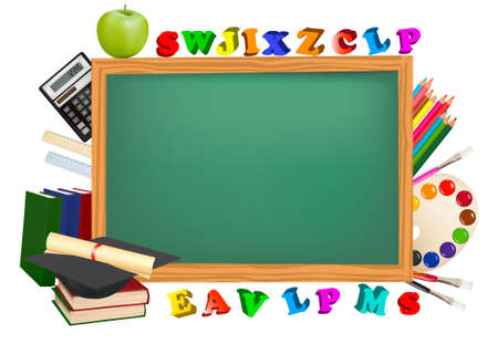 Back to school. Green desk with school supplies. のイラスト素材