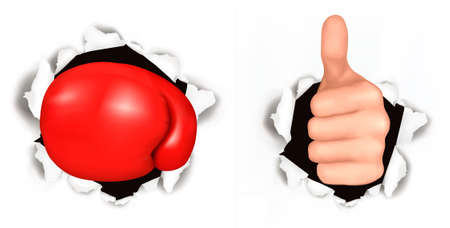 Conceptual illustration of thumb up. Hand with thumb up has broken through a paper and Red boxing glove. illustration. のイラスト素材