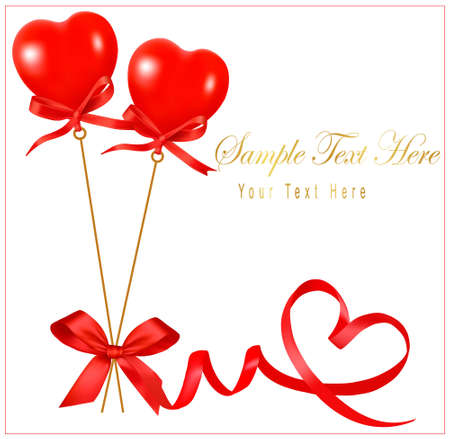 Two valentine hearts and red gift bow with ribbons. illustration. のイラスト素材