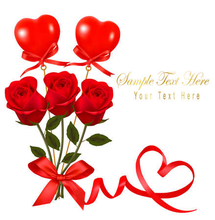 Valentine`s day card. Red roses and gift red bow.  のイラスト素材