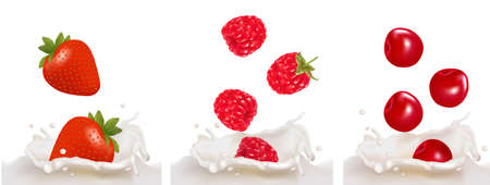 Set with red raspberry, strawberry and cherry fruits falling into the milk splash. illustration のイラスト素材