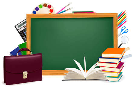 Back to school. Green desk with school supplies. のイラスト素材