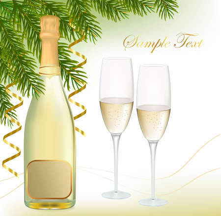  illustration. Two glasses of champagne and bottle.のイラスト素材