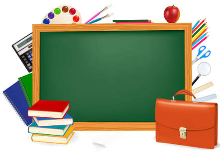  Back to school. Green desk with school supplies. のイラスト素材