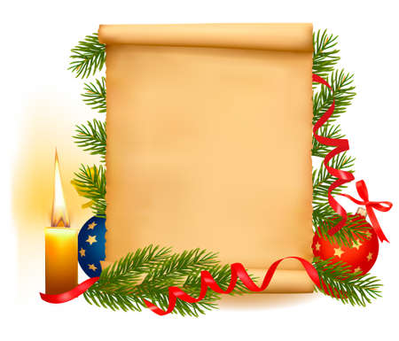 Christmas decorations on the old paper with christmas tree and candle. のイラスト素材