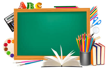 Back to school. Green desk with school supplies. のイラスト素材