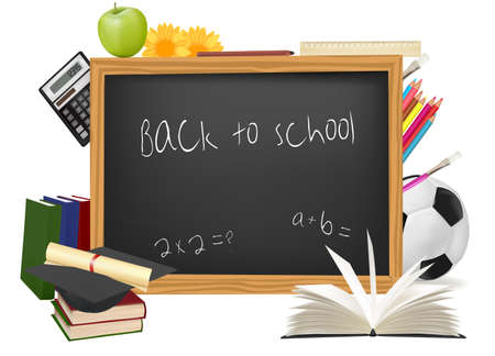 Black desk with school supplies. Vector. のイラスト素材