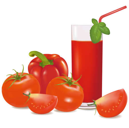 A glass of tomato juice, some tomatoes and basil. Vector のイラスト素材