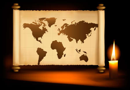 Background with old map and a candle. Vector illustration. のイラスト素材
