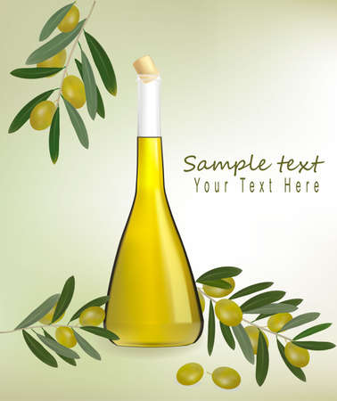 Background with bottle of olive oil with olives and spices. Vector. のイラスト素材