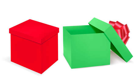 Red and green gift boxes with red ribbon. Vector のイラスト素材