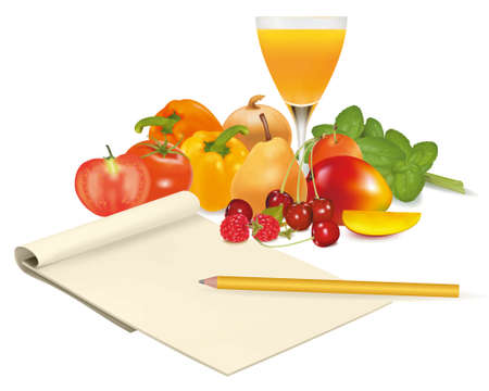 Notepad with recipe, tomato and some vegetables with pencil on table. Vector のイラスト素材