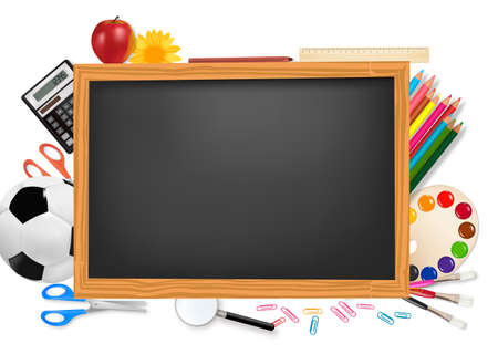 Back to school. Black desk with school supplies. Vector.のイラスト素材